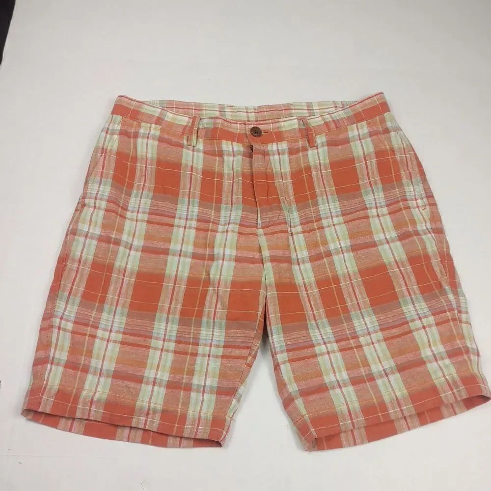 Lands End Mens Chino Shorts Plaid Checkered Linen Blend Casual Zip Up Size 34
